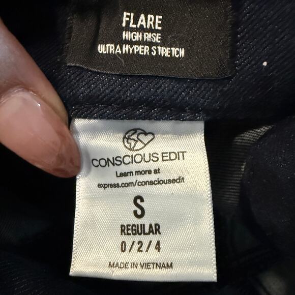 Express High Rise Flare Jeans Dark Wash 4 Small Hyper Stretch Casual Everyday - Picture 5 of 7